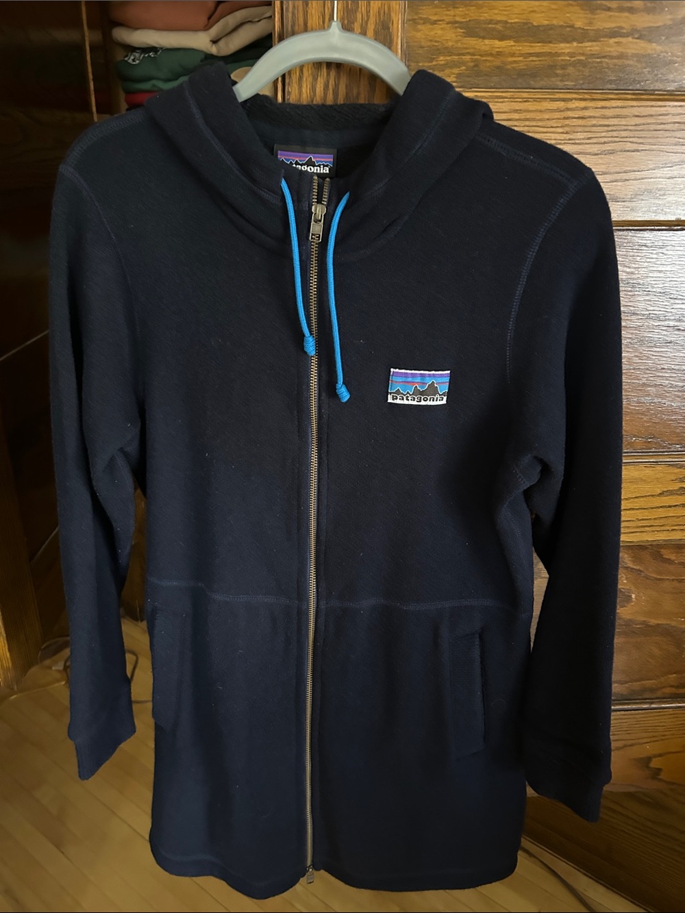 Patagonia Navy Full-Zip Hoodie with Bright Blue Drawcords